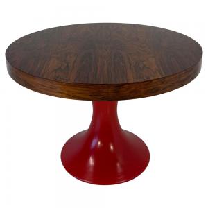 Tavolo Tondo Italiano Anni ’50 in Legno di Ziricote con Base Laccata Rossa